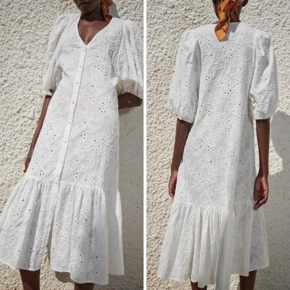 ZARA White Eyelet puff sleeve midi dress